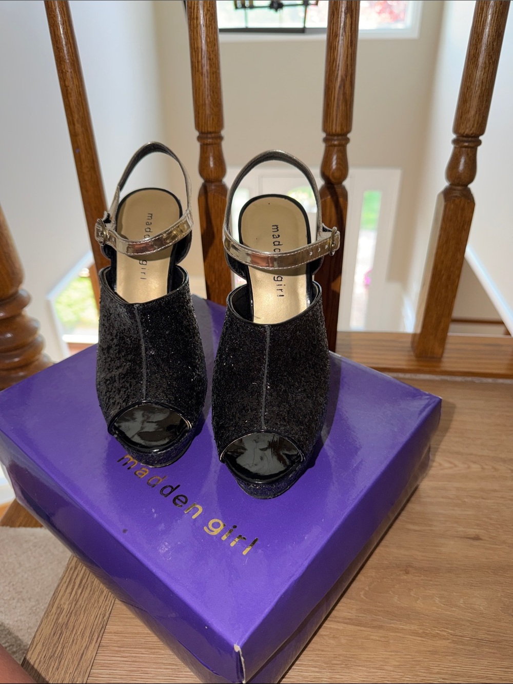 Madden Girl Black Glitter Peep-Toe Platform Heels with Gold Metallic Strap